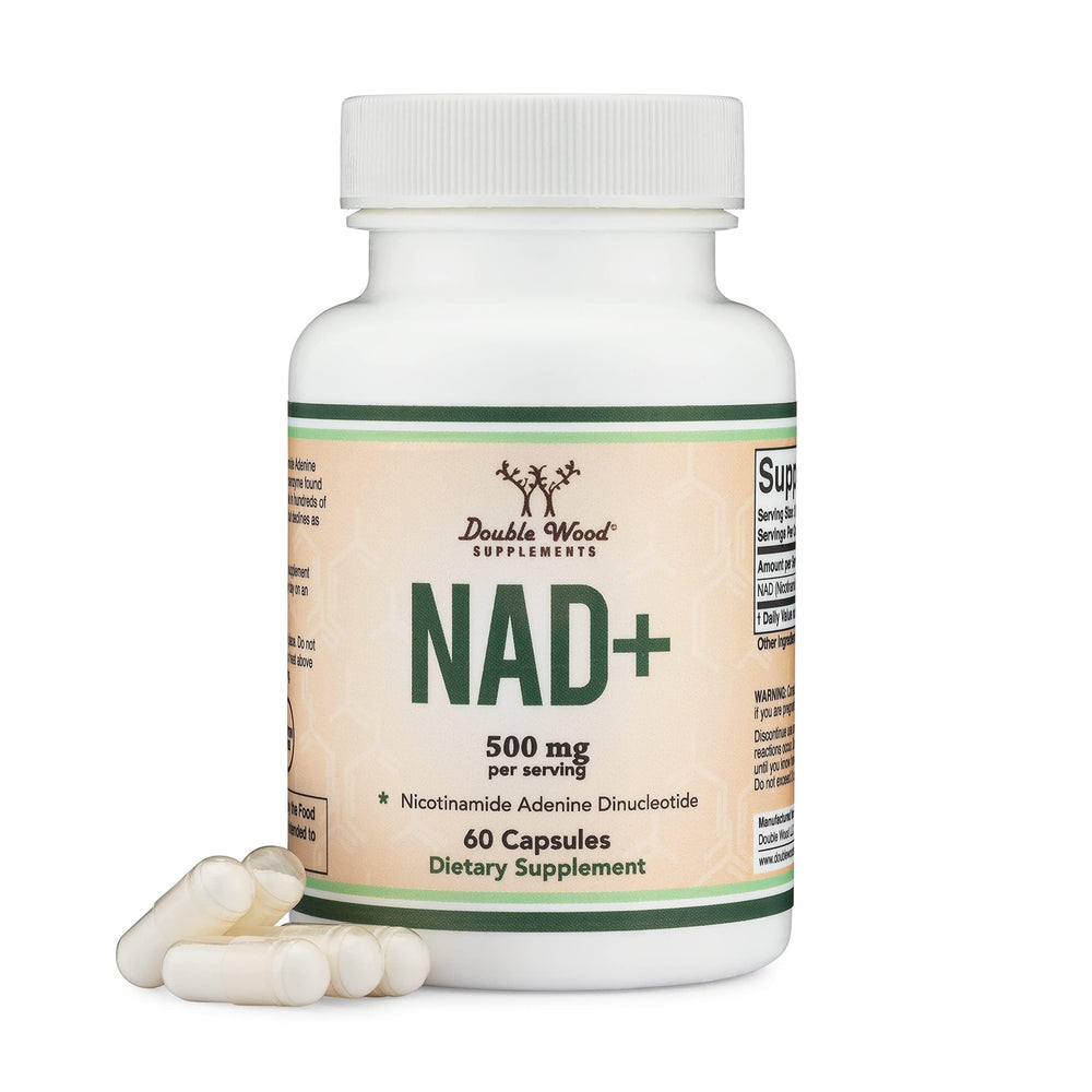 Double Wood NAD Plus bottle front showcases premium coenzyme for daily wellness