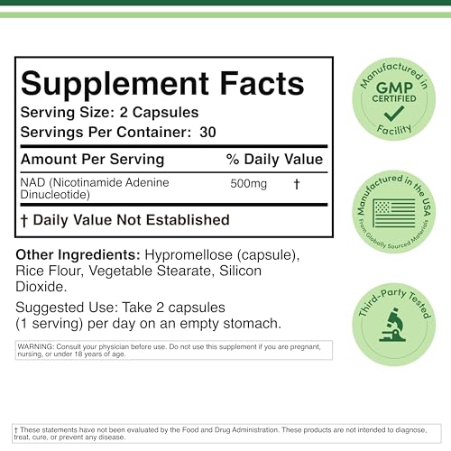 Double Wood NAD Plus bottle label highlights 95% NAD purity and third-party testing