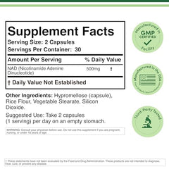 Double Wood NAD Plus bottle label highlights 95% NAD purity and third-party testing