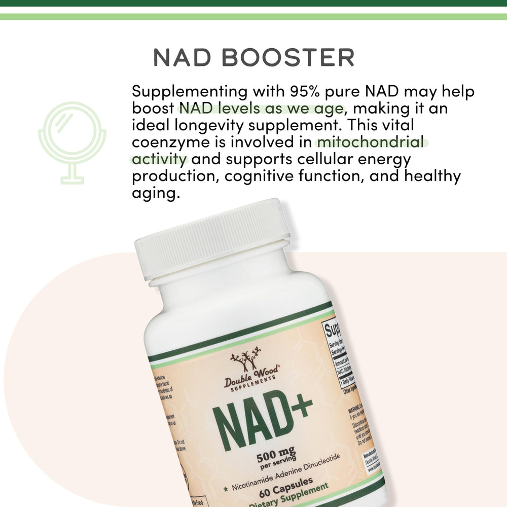 Outer packaging of Double Wood NAD Plus emphasizes USA production and gluten-free quality