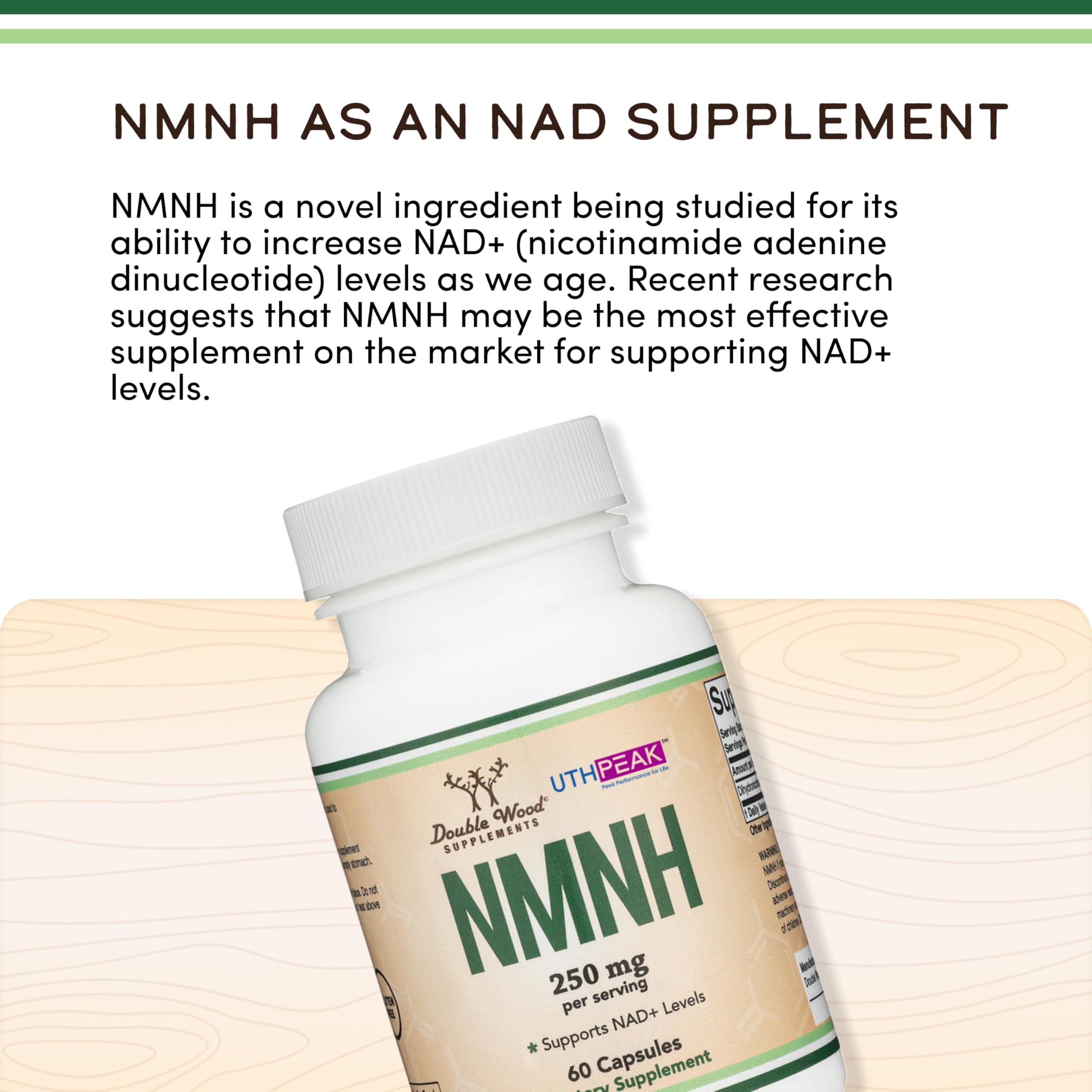 Double Wood NMNH packaging graphic emphasizing NMNH as a science-backed ingredient.