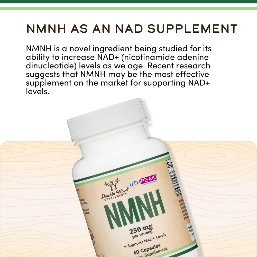 Double Wood NMNH packaging graphic emphasizing NMNH as a science-backed ingredient.