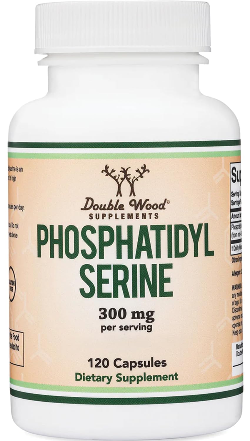 Double Wood Phosphatidylserine 300mg bottle with label promoting memory support and focus.