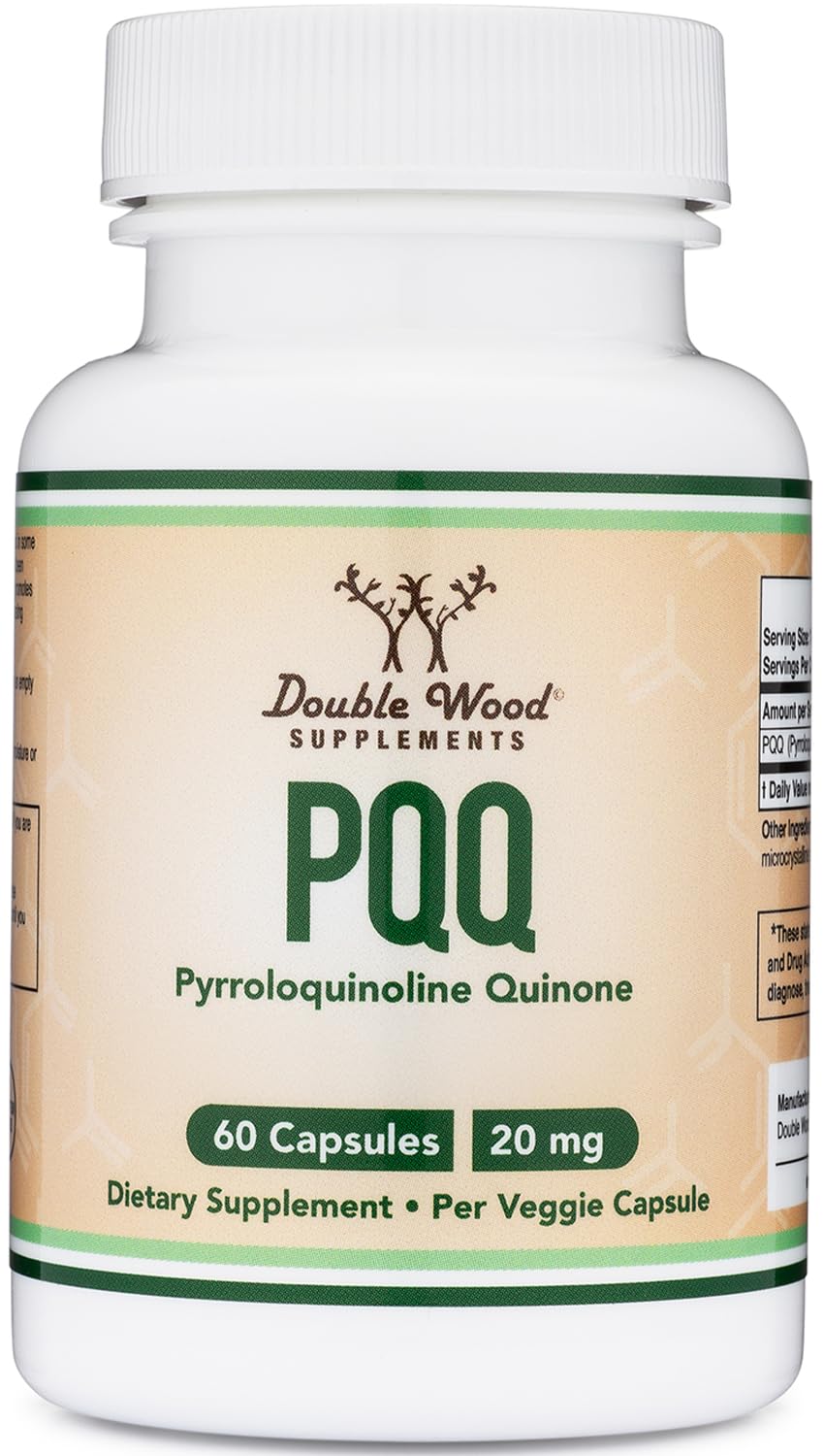 Double Wood PQQ 20mg bottle displaying capsules and daily energy potential.