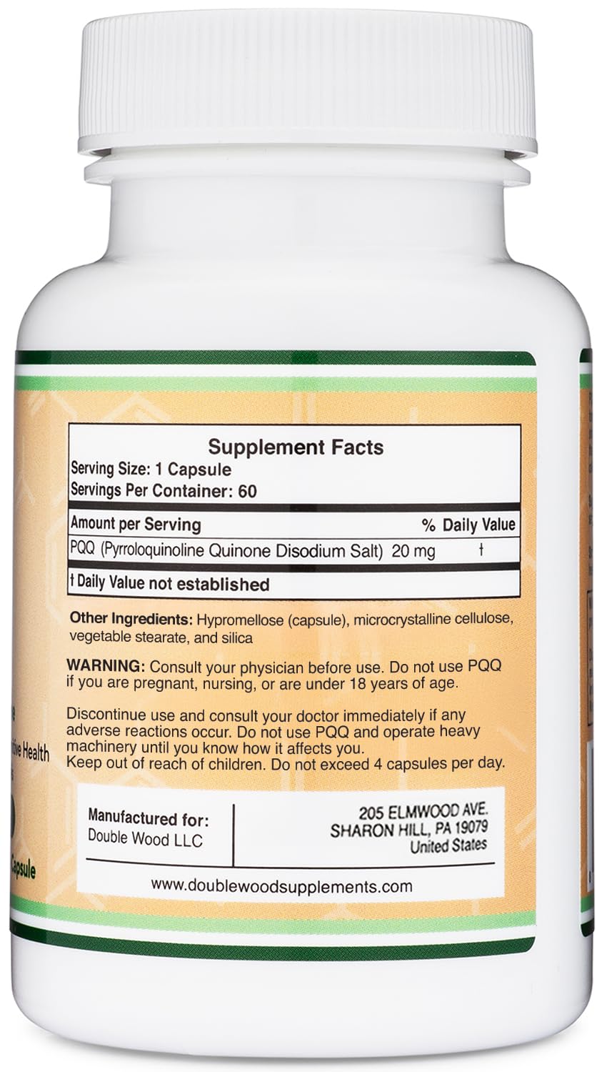 Double Wood PQQ label details highlighting vegan, non-GMO, gluten-free status.