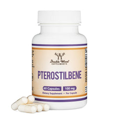 Double Wood Pterostilbene 100mg capsules bottle highlighting quality and antioxidant potential