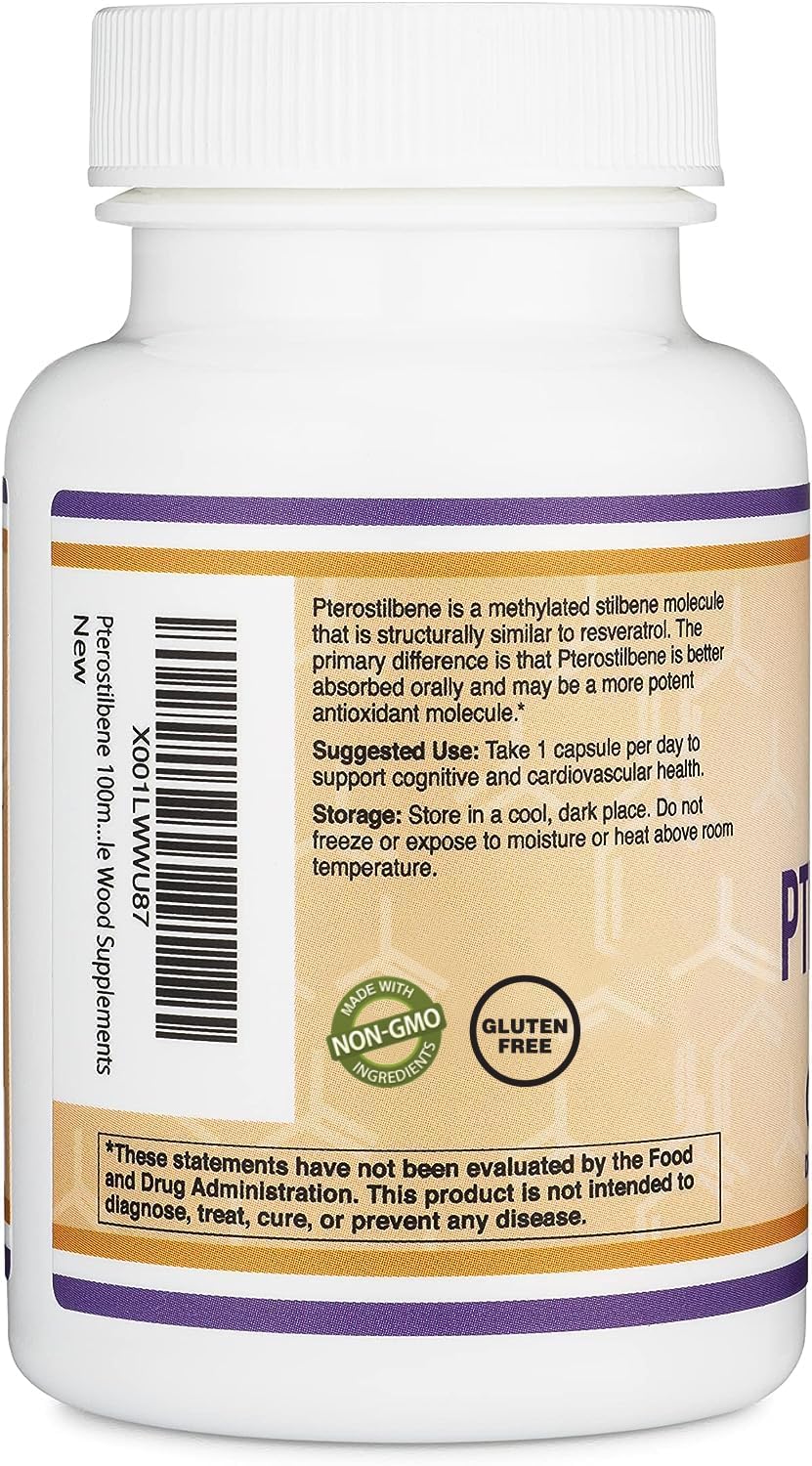 Double Wood Pterostilbene bottle with a glass of water for daily use