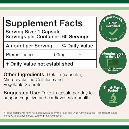 Double Wood Pterostilbene label close-up showing Non-GMO and gluten-free badges