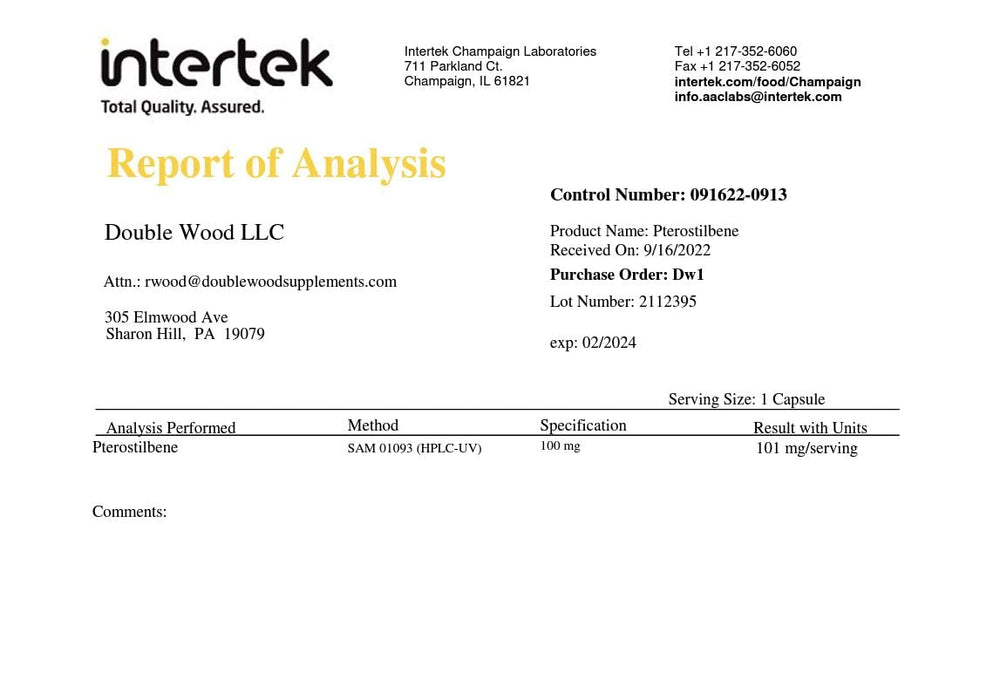 Pterostilbene 100mg dosage label with quality seals