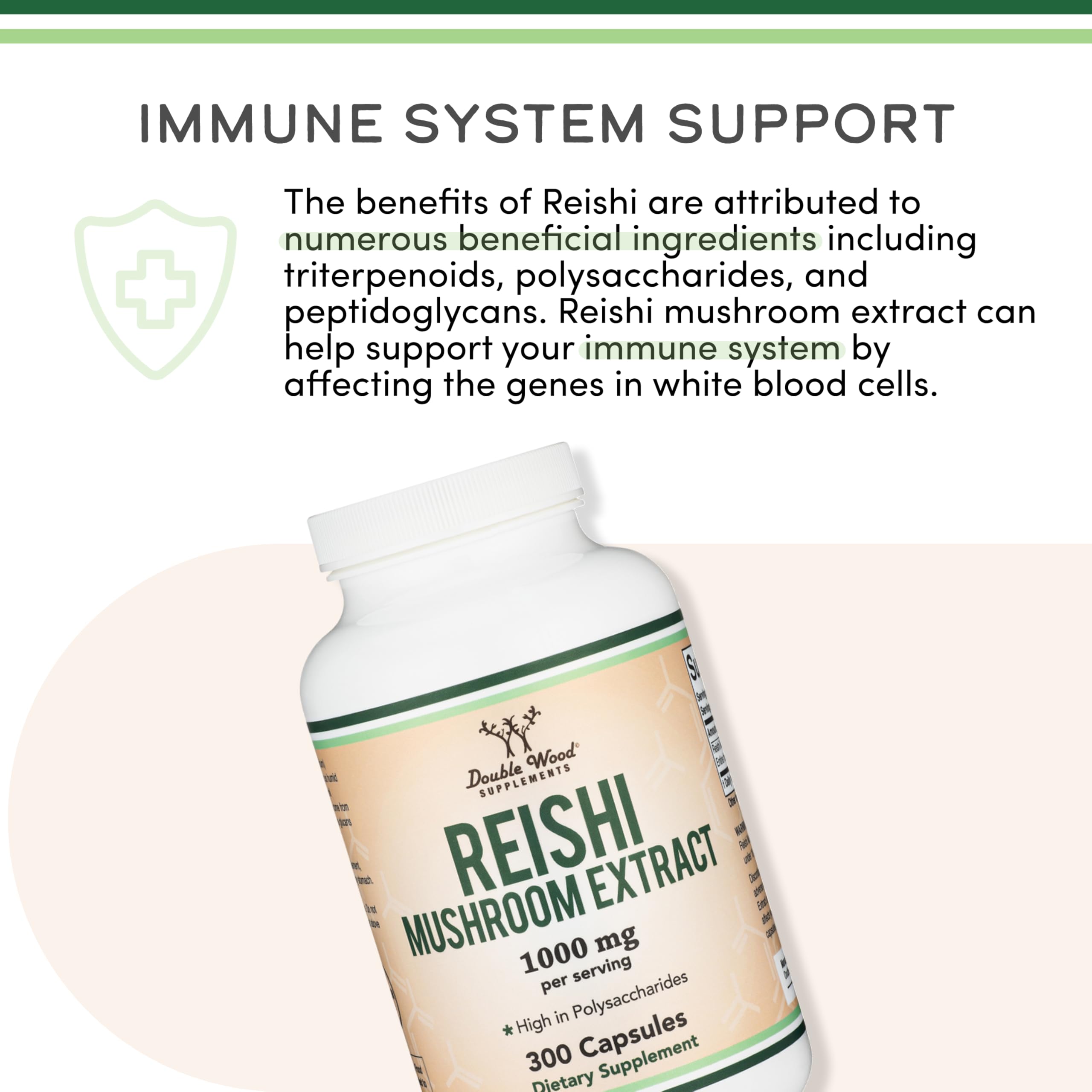 Double Wood Reishi bottle with label highlighting quality and testing.