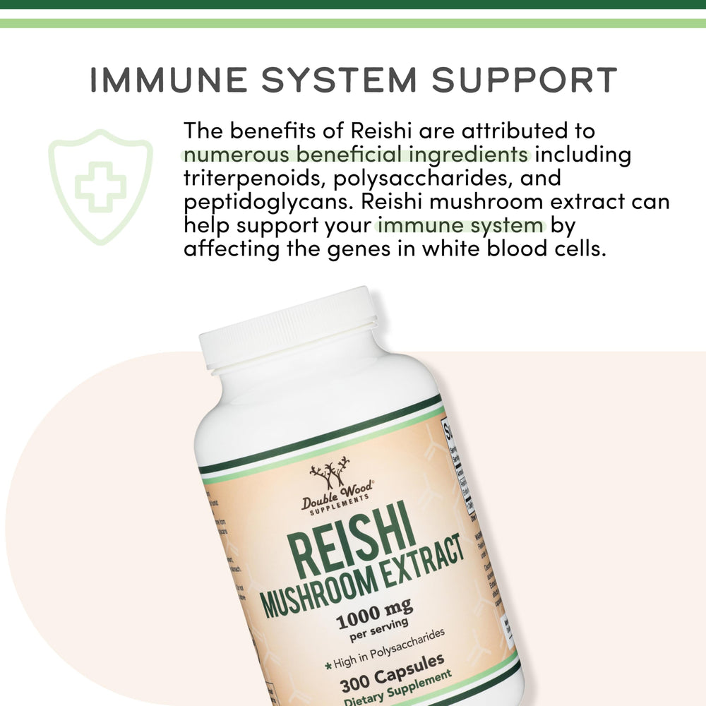 Double Wood Reishi bottle with label highlighting quality and testing.