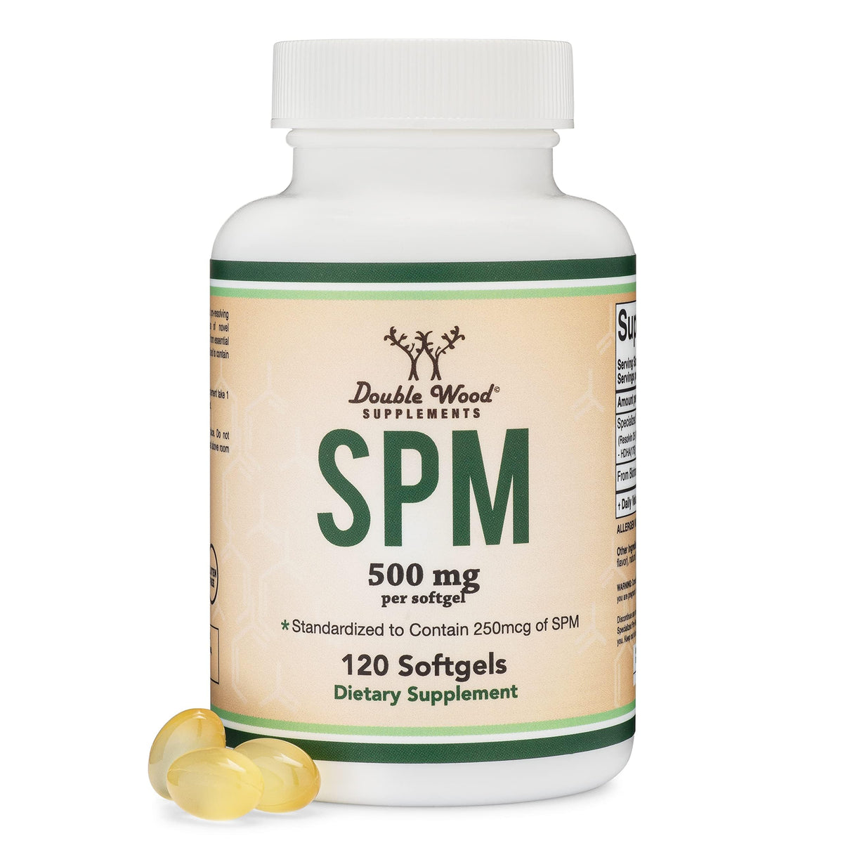 Double Wood SPM Max bottle label shows 500 mg per softgel for daily wellness support.
