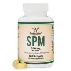 Double Wood SPM Max bottle label shows 500 mg per softgel for daily wellness support.