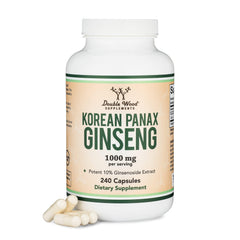 Double Wood Ginseng capsules bottle with Korean Red Ginseng 10% ginsenosides for cognitive support.