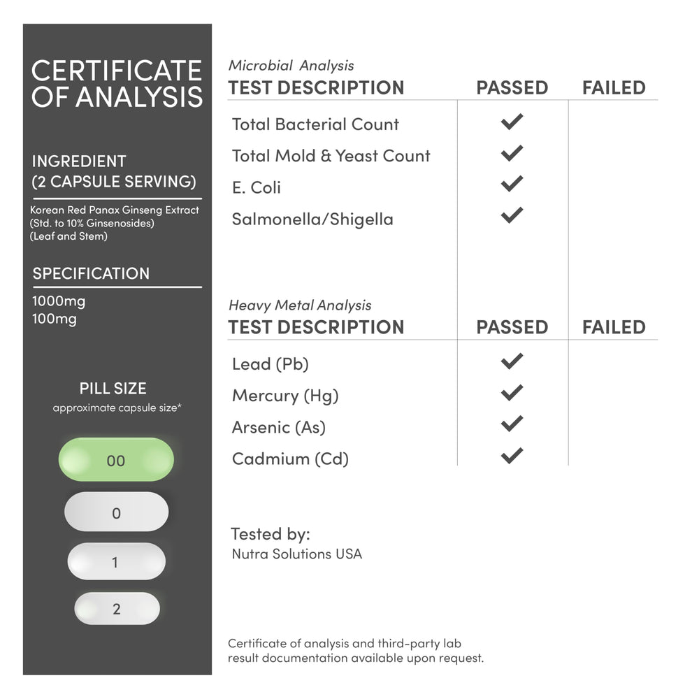 Third-party testing seal shown for Double Wood Ginseng quality assurance.