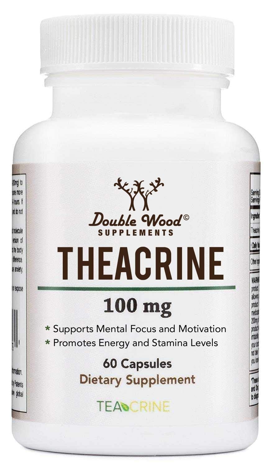 Double Wood Theacrine 100 mg bottle with capsules for steady energy potential