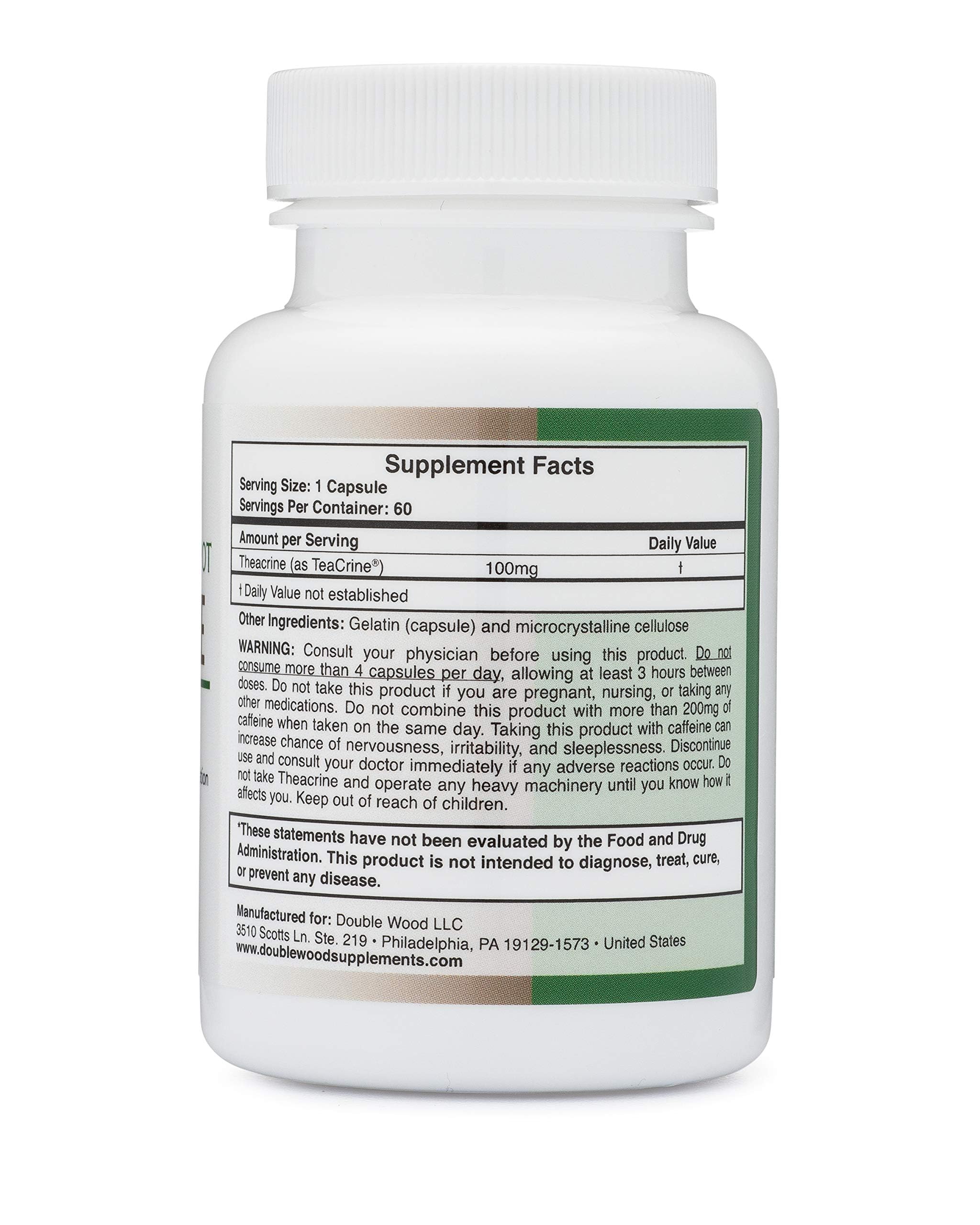 Double Wood Theacrine bottle label highlights purity and USA manufacturing