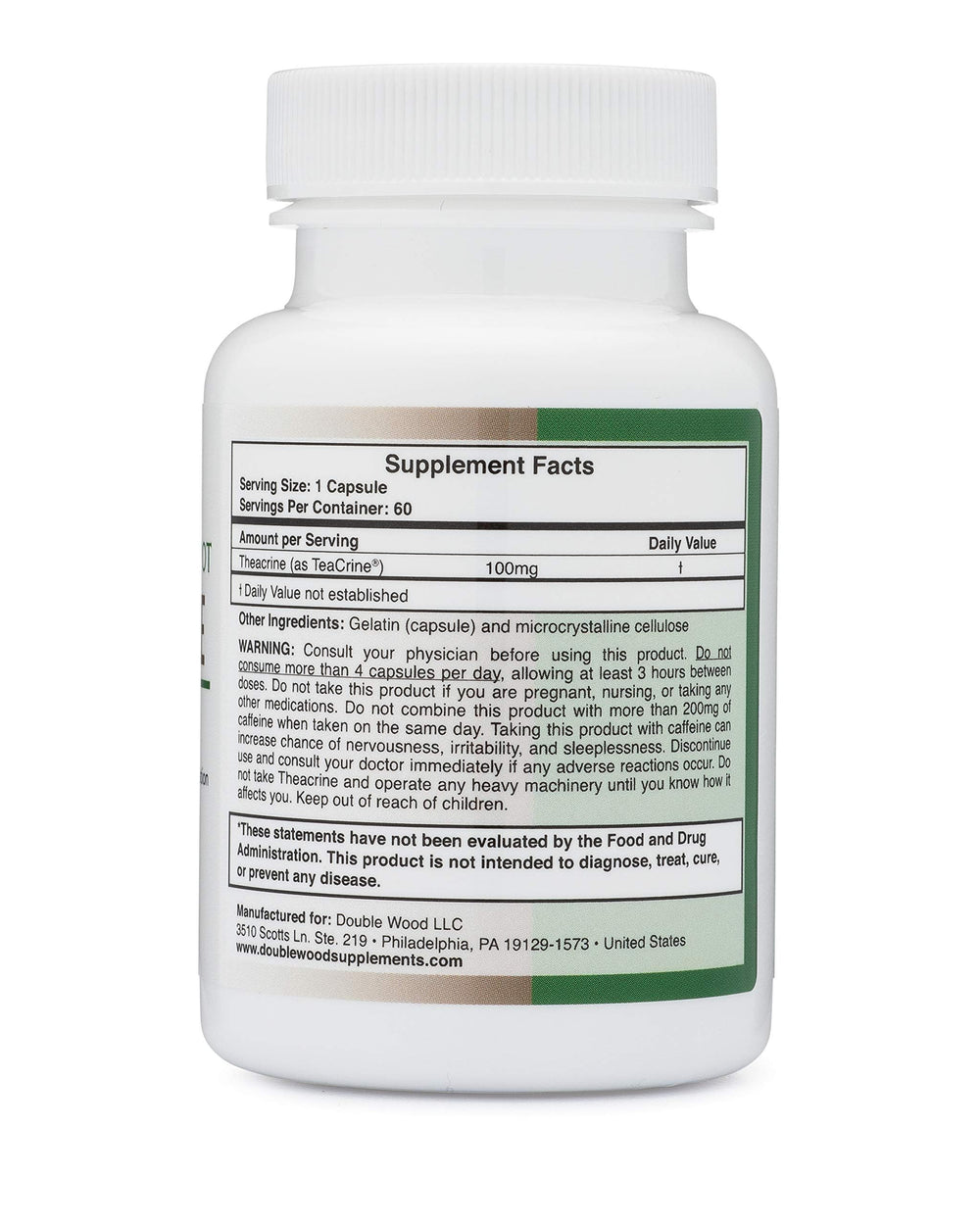 Double Wood Theacrine bottle label highlights purity and USA manufacturing