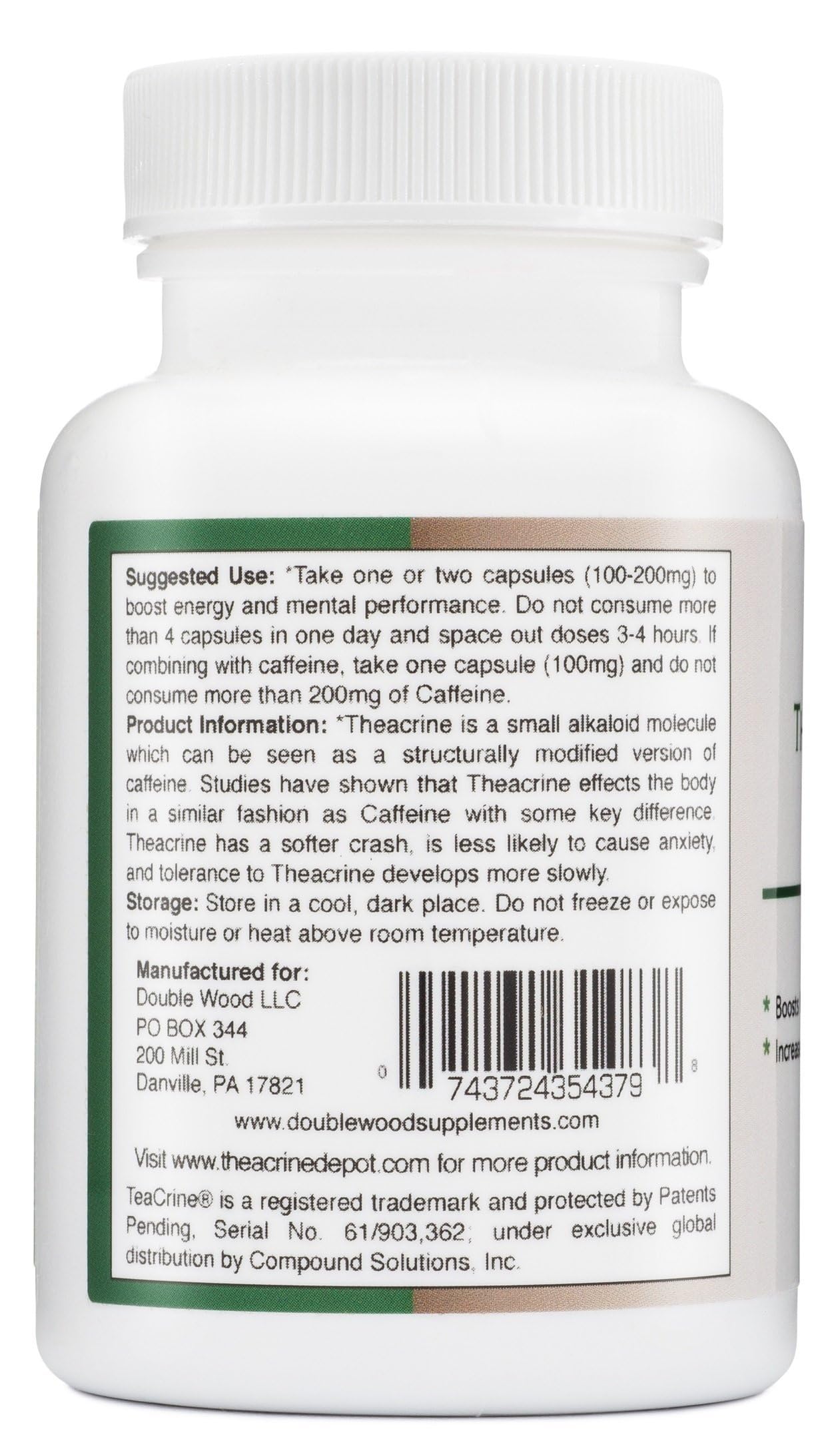 Double Wood Theacrine bottle on shelf suggests discreet daily energy support