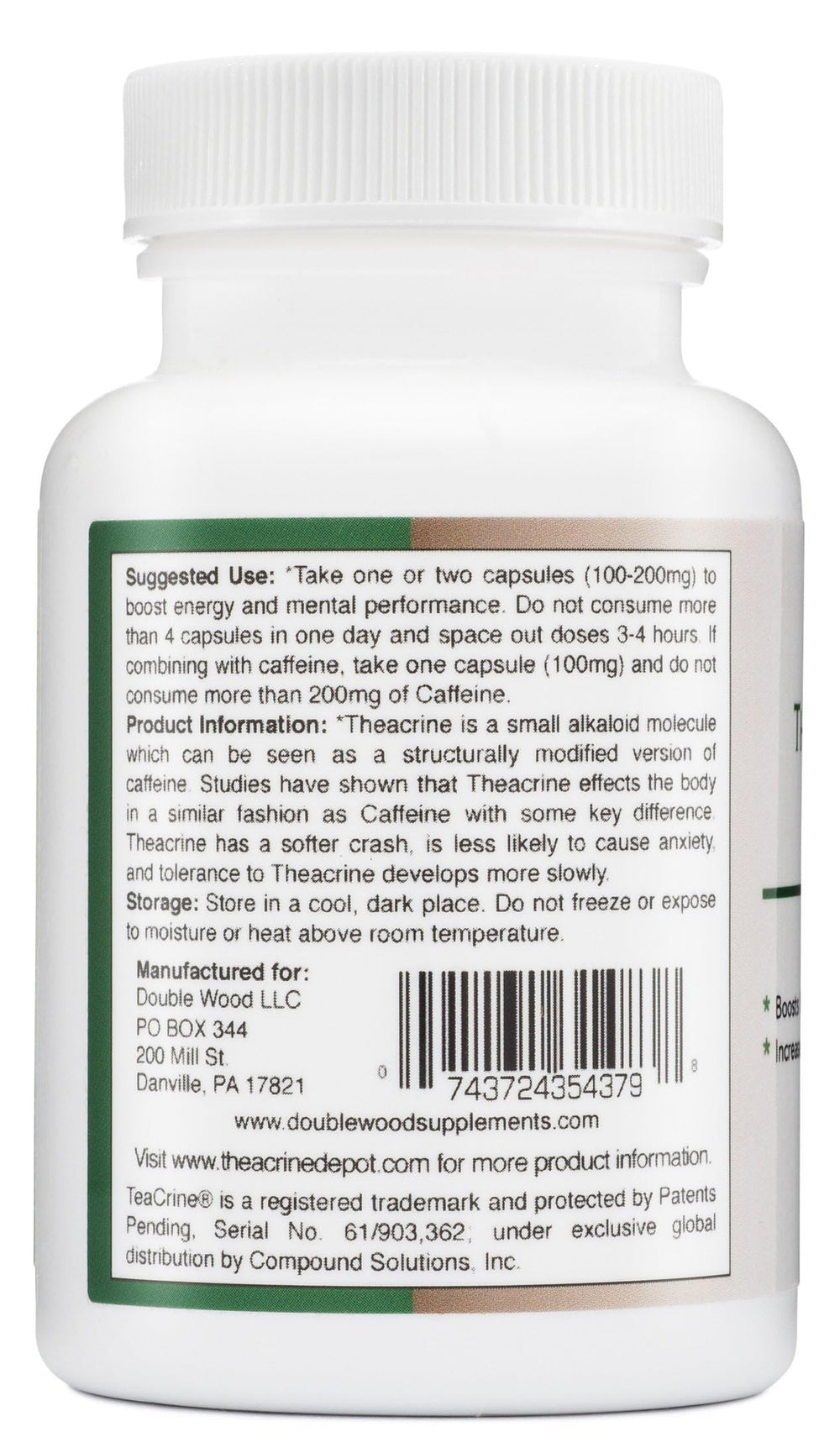 Double Wood Theacrine bottle on shelf suggests discreet daily energy support