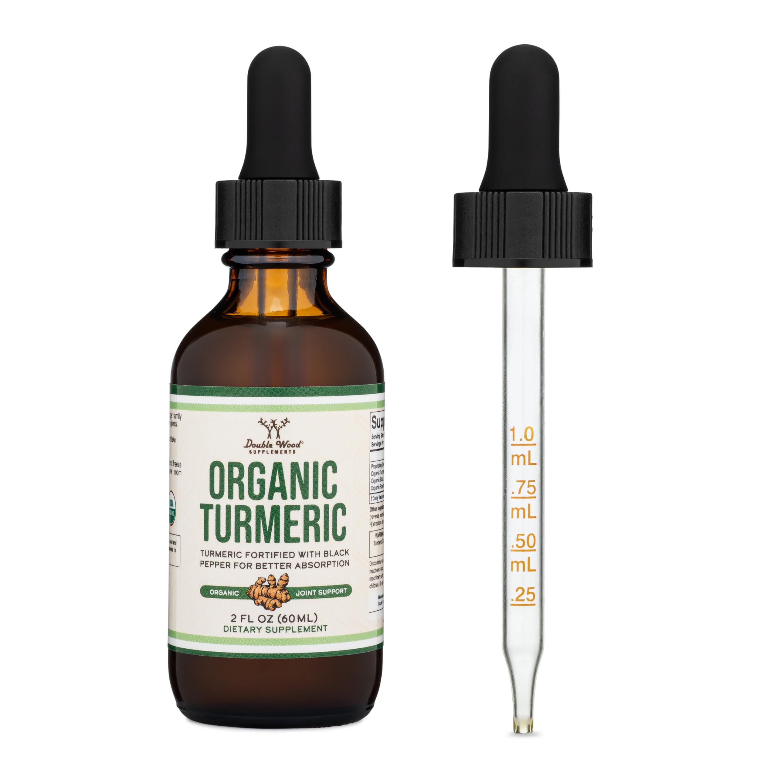 Double Wood Turmeric Drops label close-up with organic and non-GMO icons.
