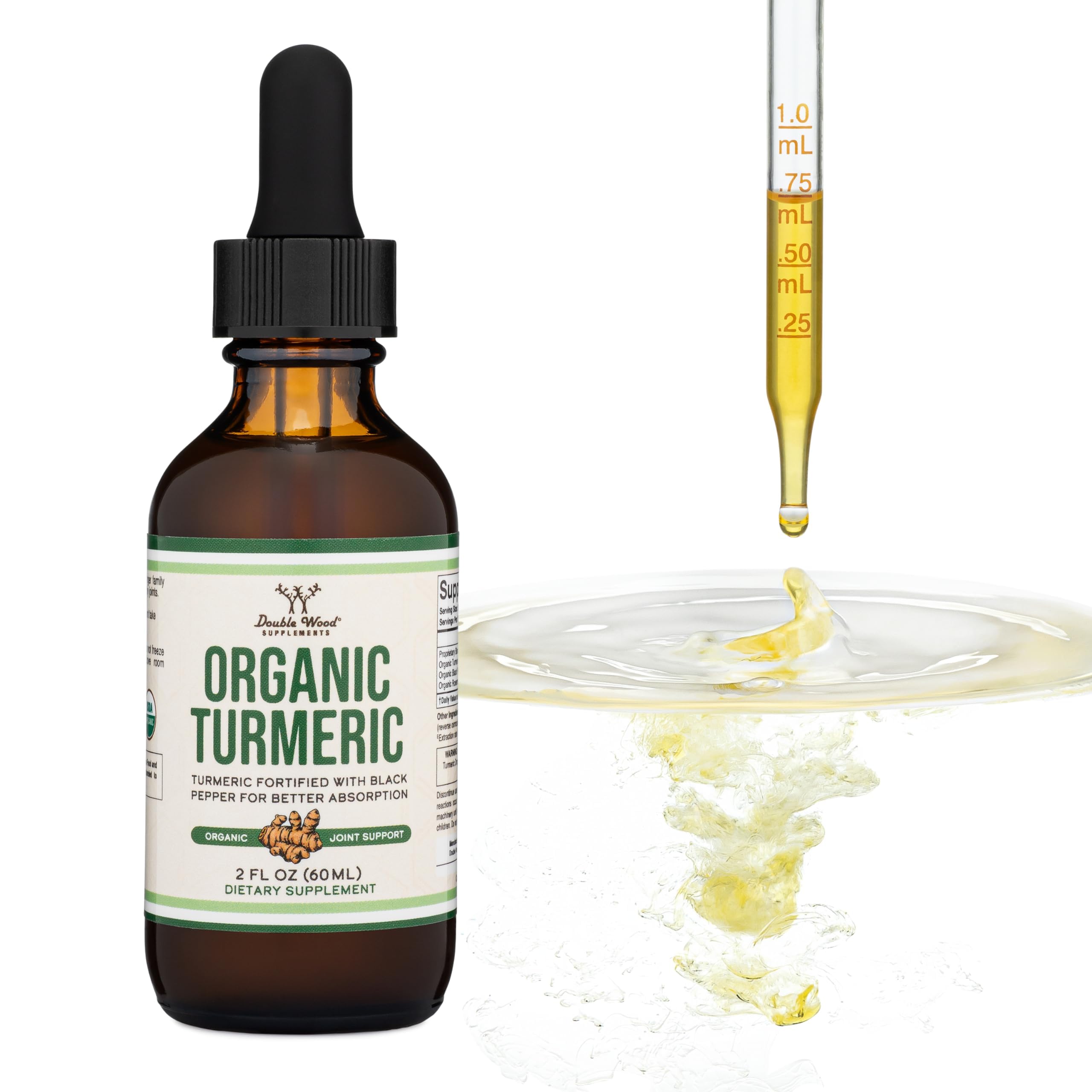 Double Wood Turmeric Drops USA-made bottle signals quality and clean sourcing.