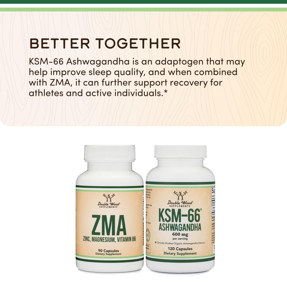 Double Wood ZMA bottle on kitchen counter beside glass.