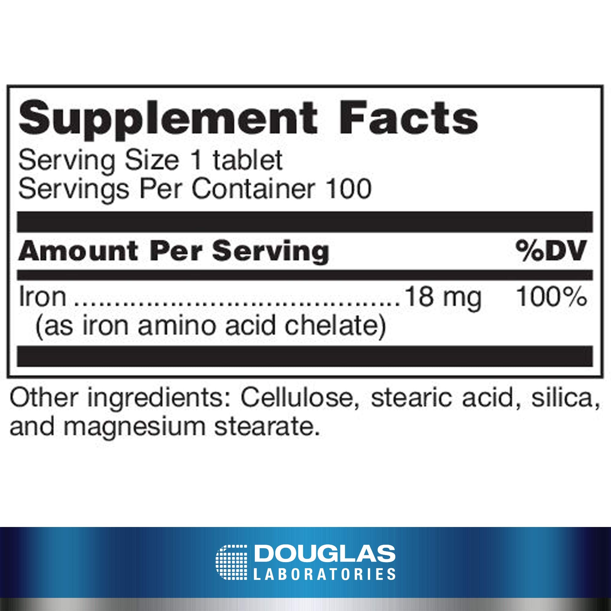 Douglas Laboratories Amino-Iron bottle back detailing ingredients and serving size for informed use