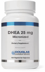Douglas Laboratories DHEA 25 mg capsules in bottle front, practical hormone balance potential.