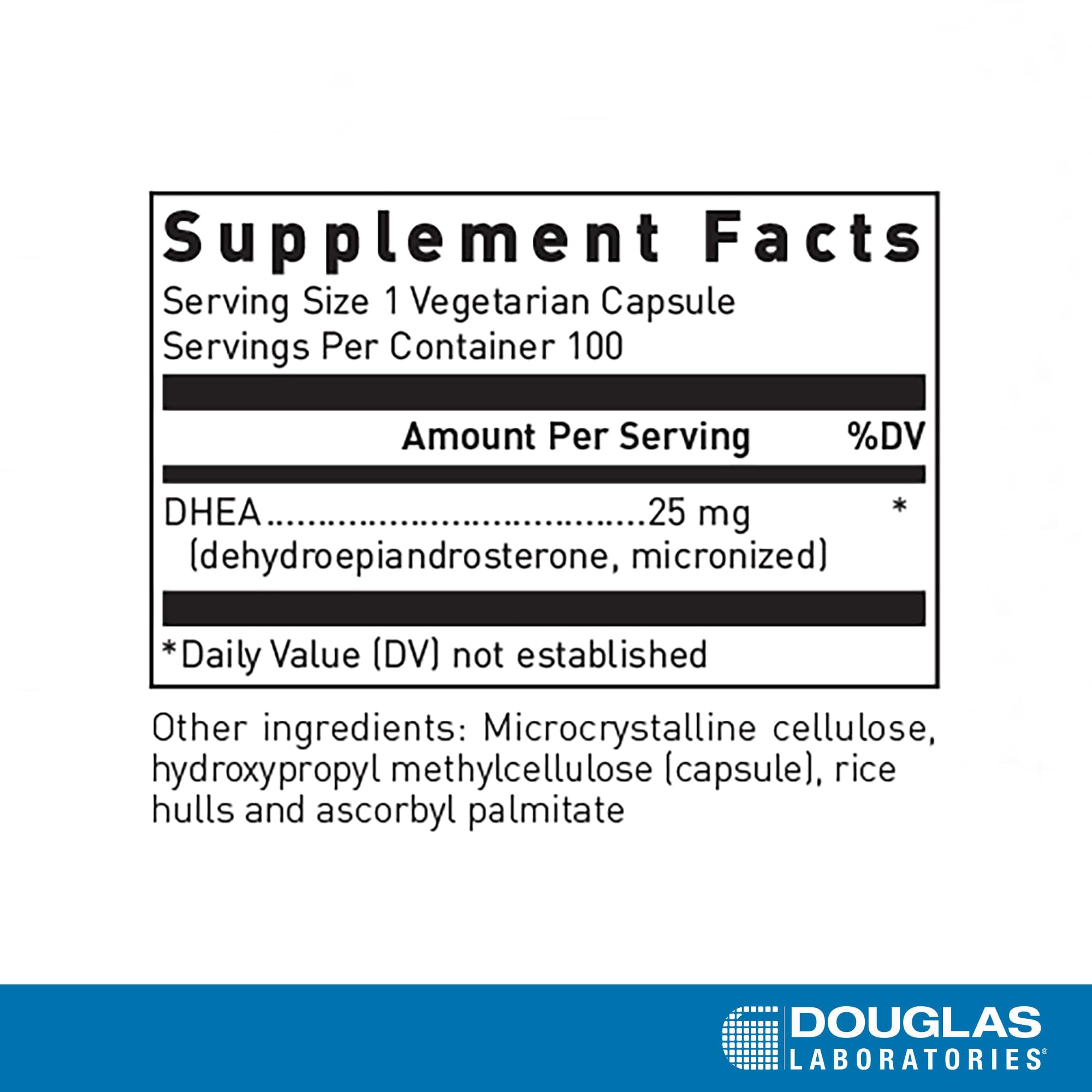 Douglas Laboratories DHEA 25 mg capsules close-up of micronized form for faster absorption.