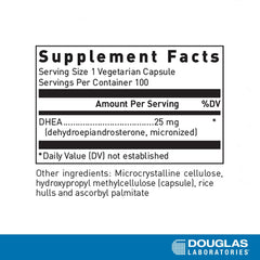 Douglas Laboratories DHEA 25 mg capsules close-up of micronized form for faster absorption.