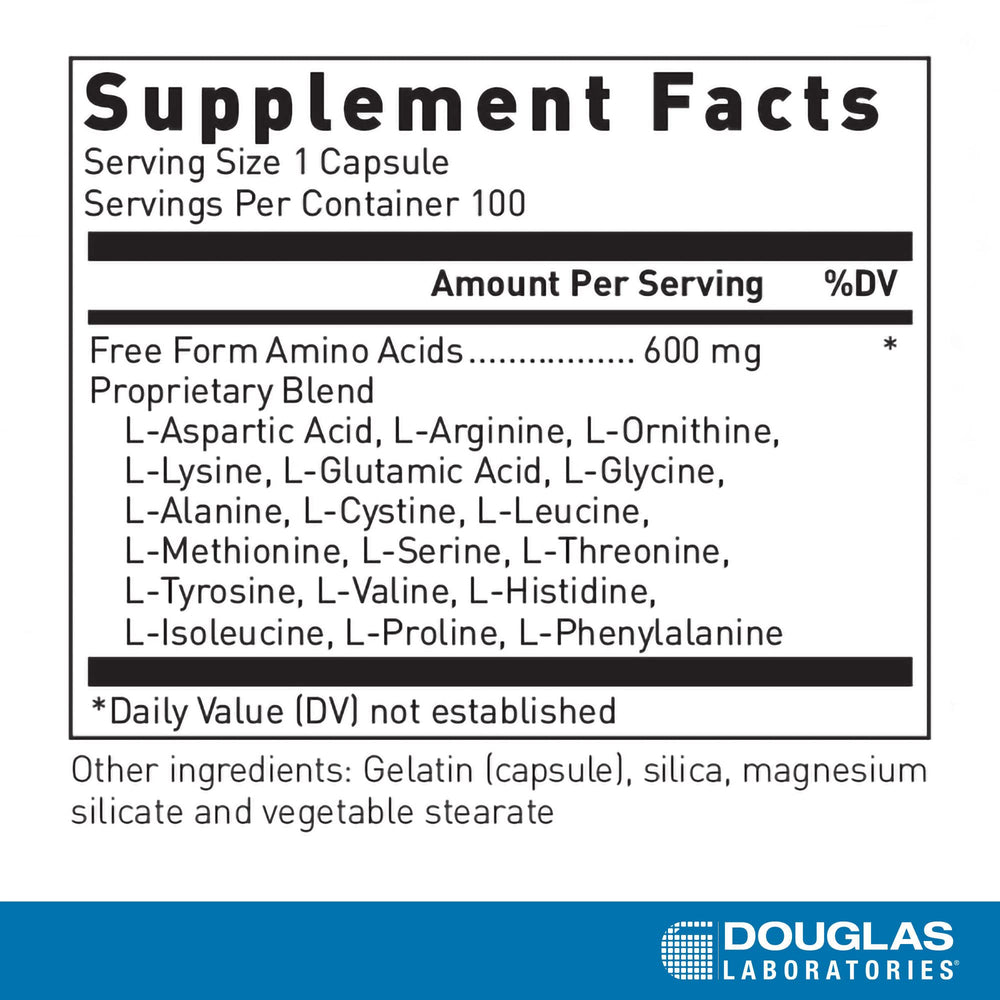 Douglas Laboratories Free Form Amino Capsules label close-up showing balanced amino mix for energy support