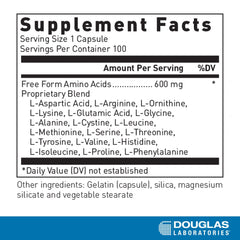 Douglas Laboratories Free Form Amino Capsules label close-up showing balanced amino mix for energy support