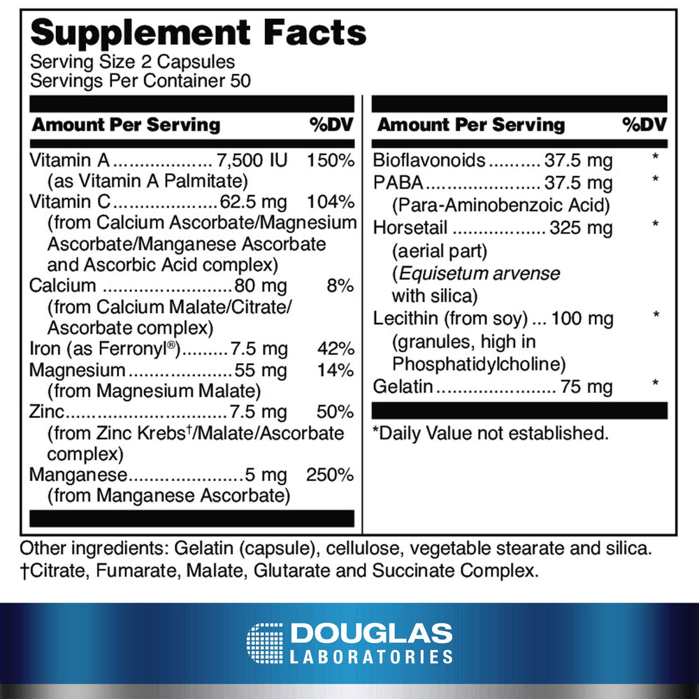Douglas Laboratories Hair, Skin & Nail Plus capsules close-up for daily use and nourishment.