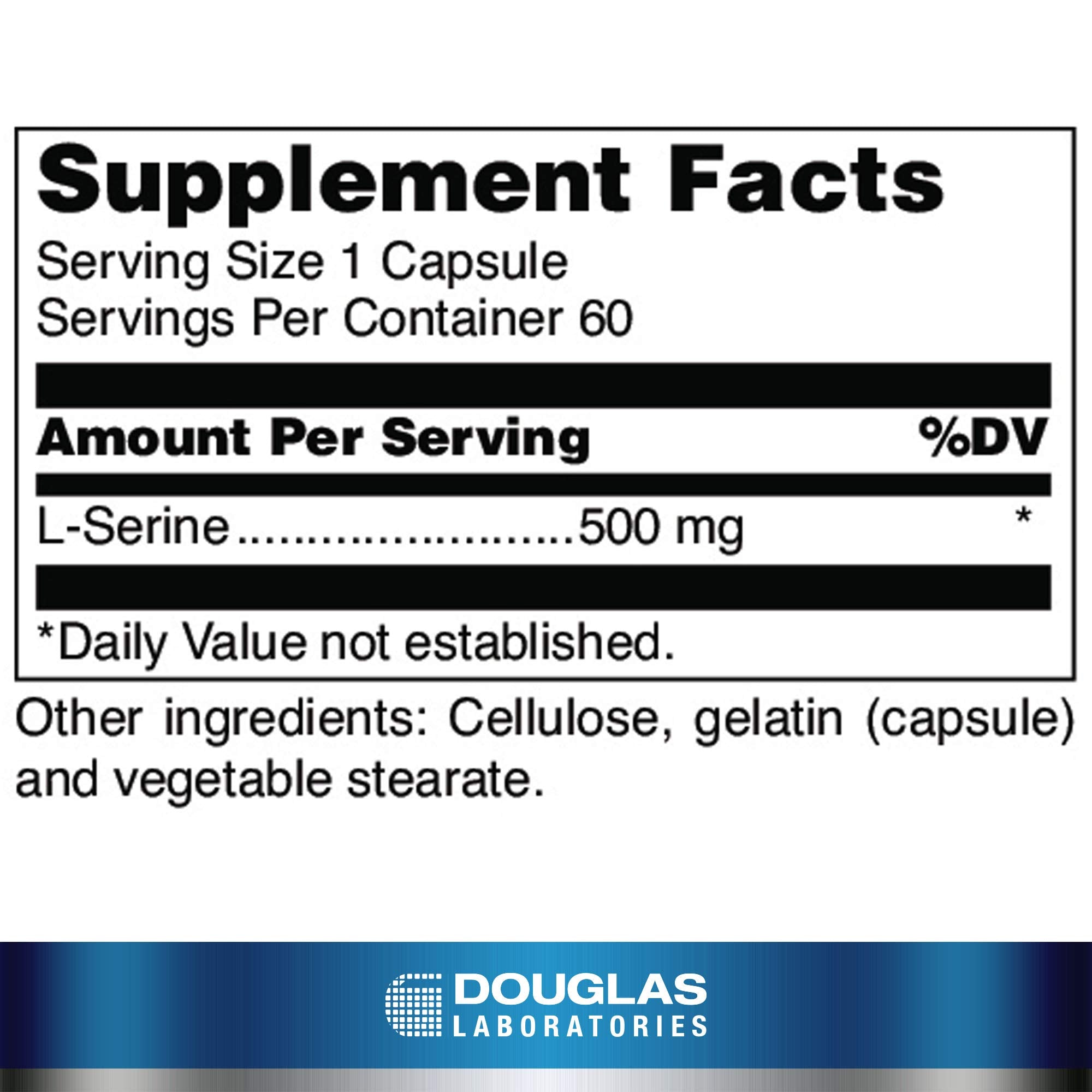 Close-up of L-Serine capsules with Douglas Laboratories branding, convenient daily amino acid support.