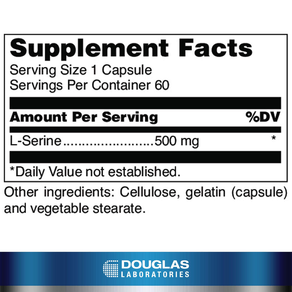 Close-up of L-Serine capsules with Douglas Laboratories branding, convenient daily amino acid support.