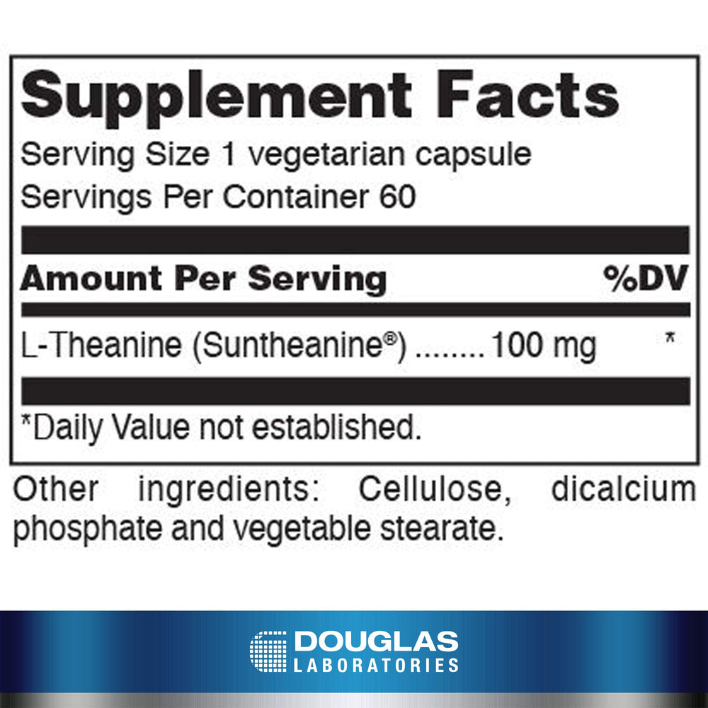 Douglas Laboratories L-Theanine bottle label highlighting pure 100 mg capsules for daily calm