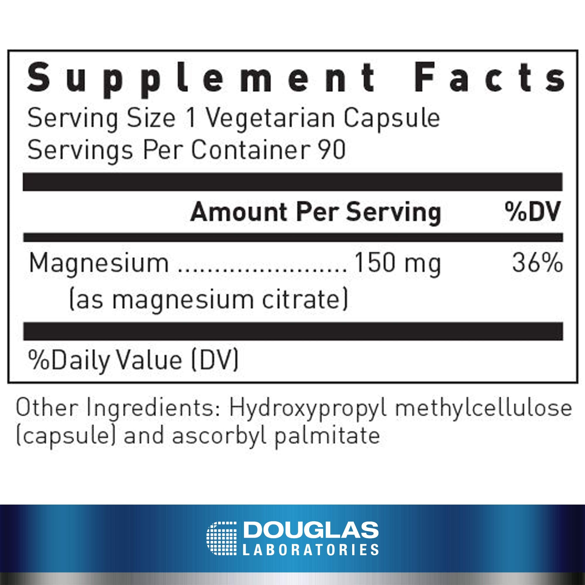 Close-up of Douglas Laboratories capsules highlights vegan-friendly magnesium citrate for gentle digestion.