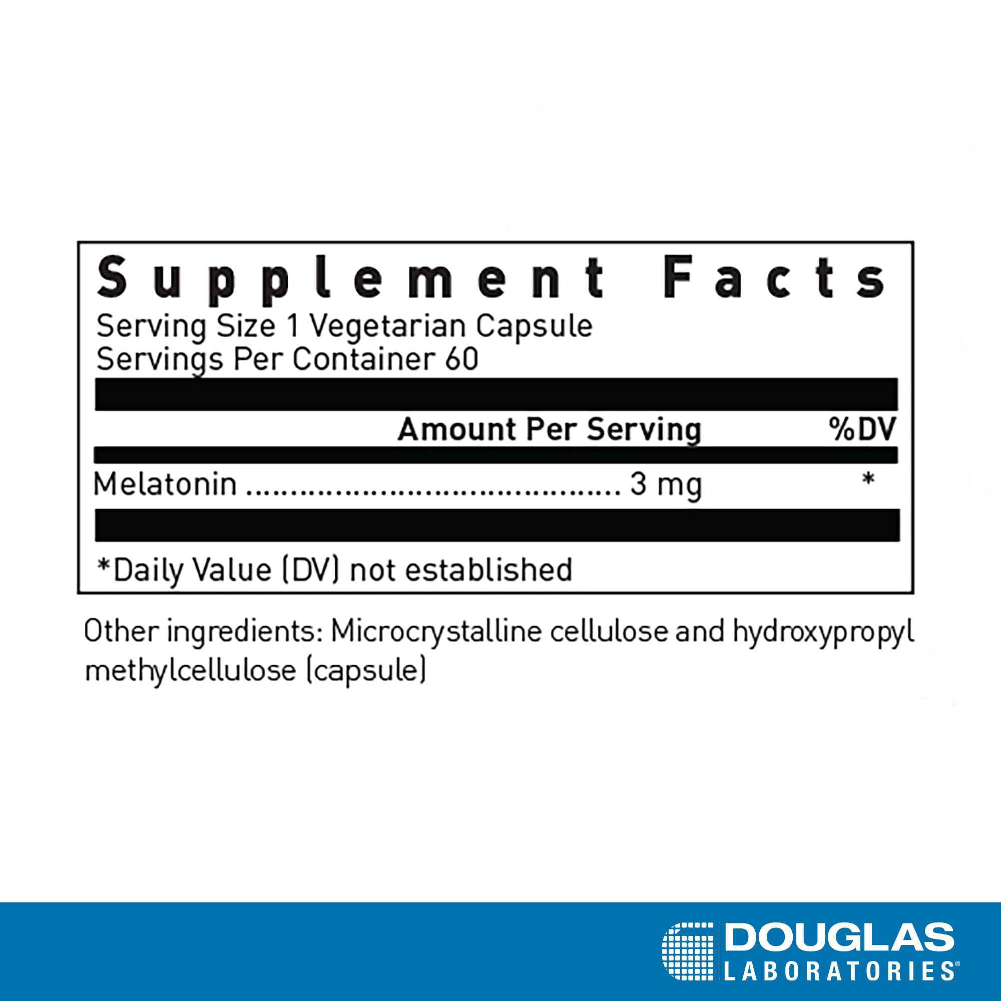 Douglas Laboratories Melatonin 3 mg bottle label close-up highlighting quality.