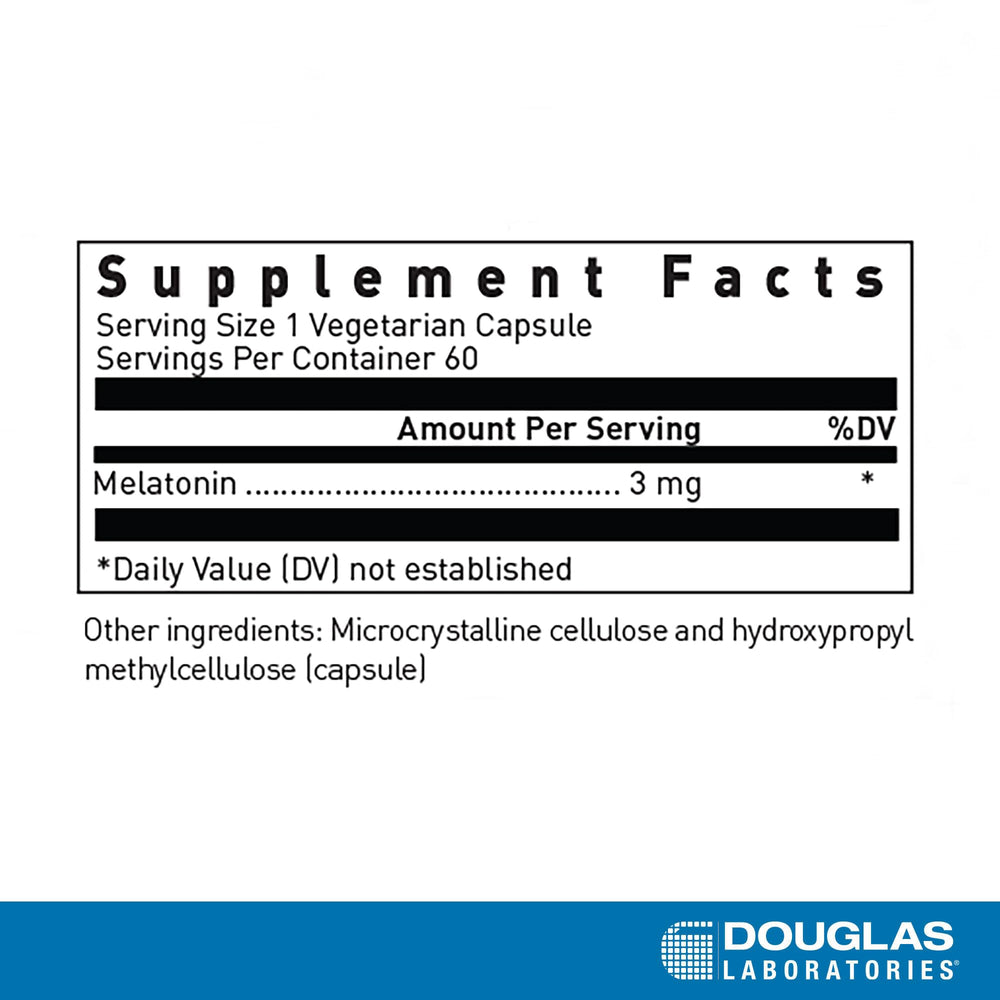 Douglas Laboratories Melatonin 3 mg bottle label close-up highlighting quality.