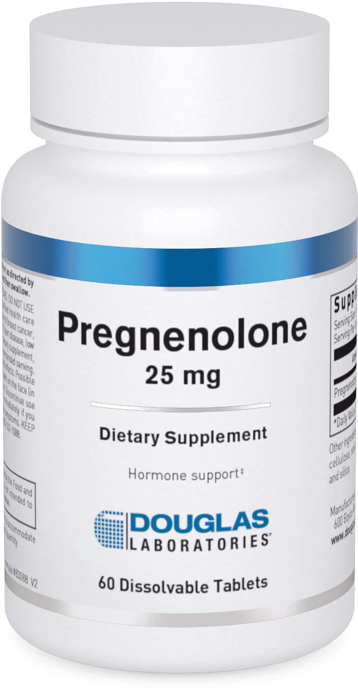 Douglas Laboratories Pregnenolone 25 mg tablets on front label indicating hormonal balance.