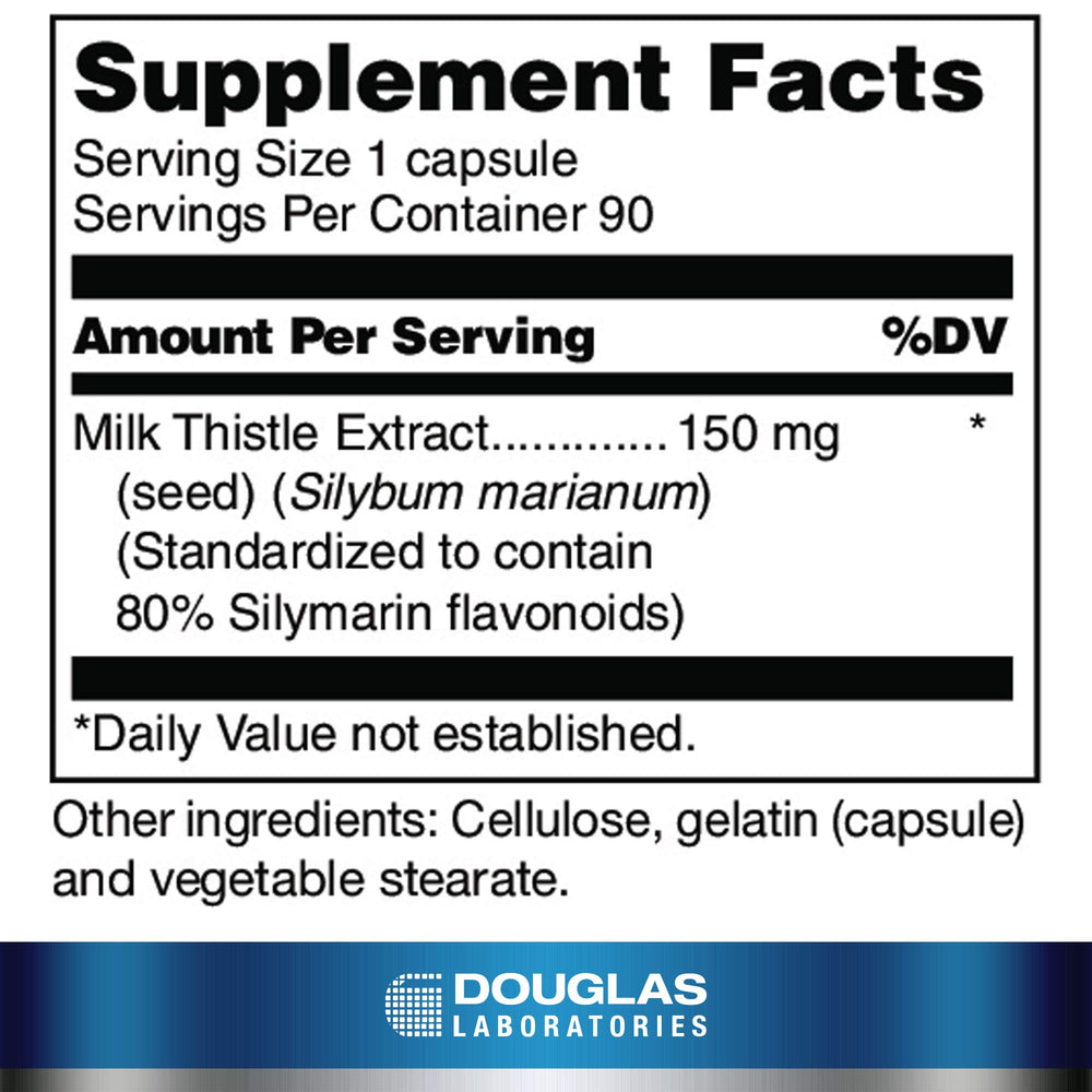 Douglas Laboratories Silymarin capsules closeup highlights 150 mg milk thistle extract