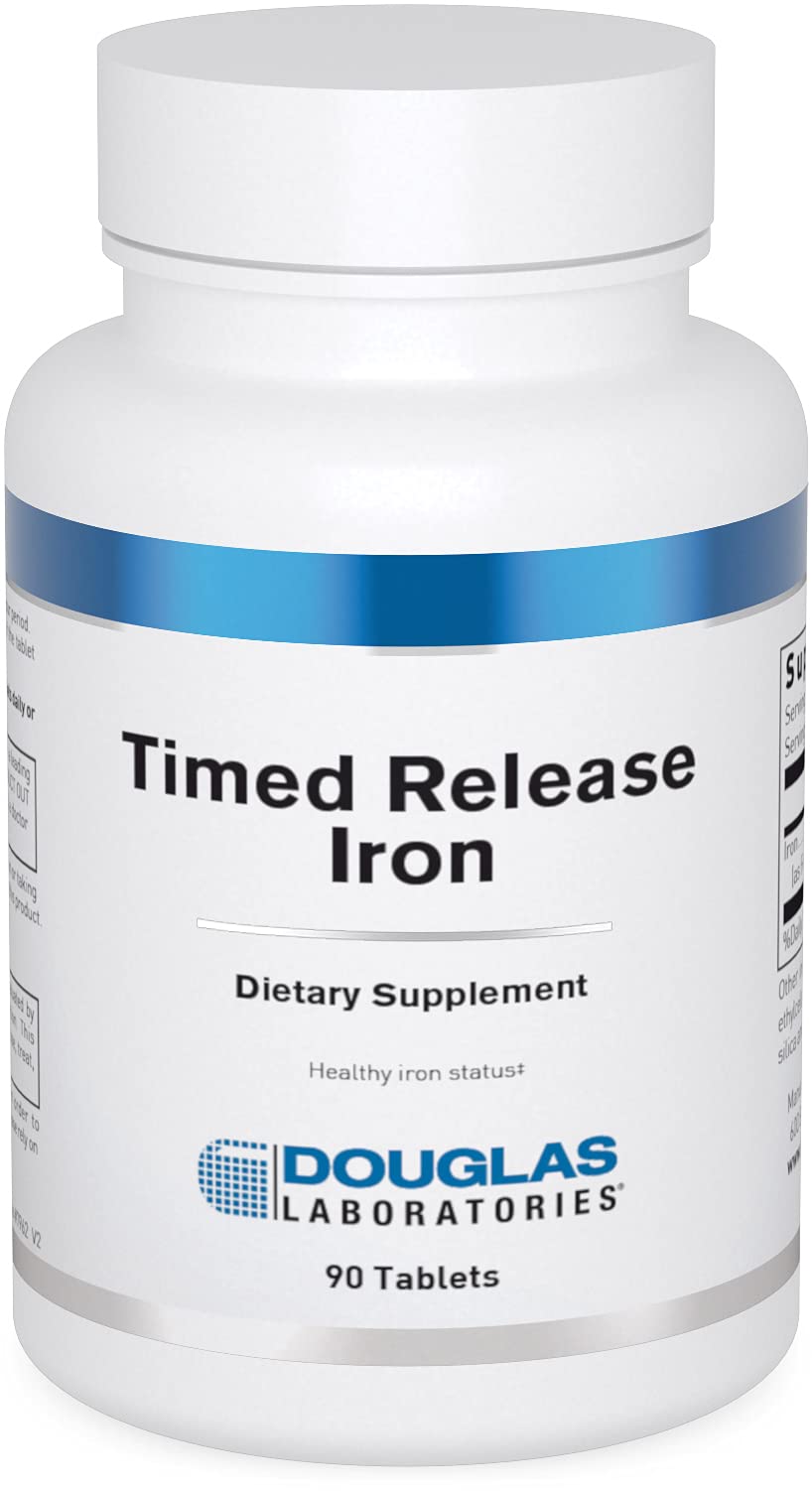 Douglas Laboratories Timed Released Iron bottle demonstrates steady iron delivery for daily energy support.
