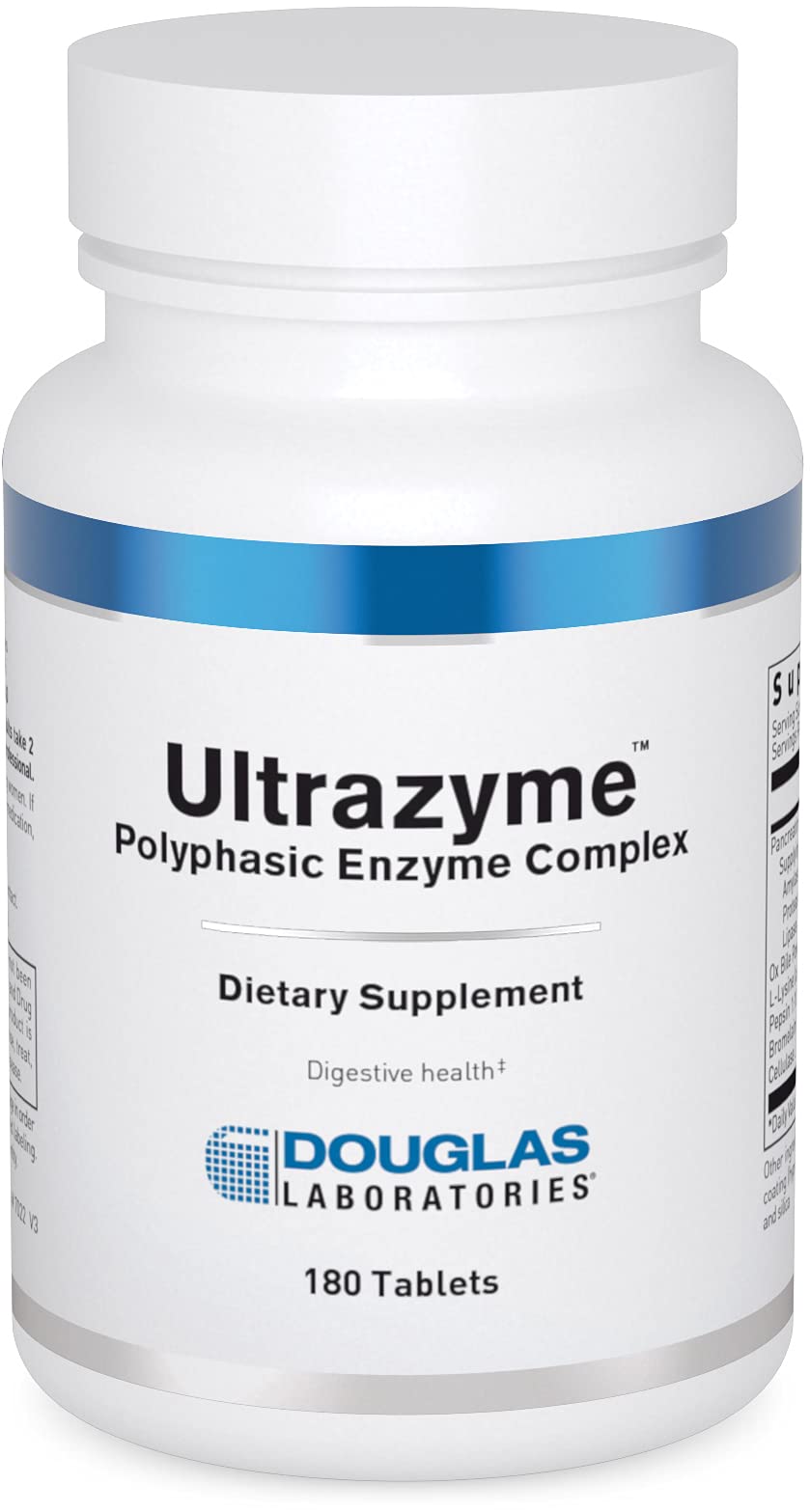 Douglas Laboratories Ultrazyme bottle shows digestive enzyme pills for protein and carbohydrate support