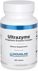 Douglas Laboratories Ultrazyme bottle shows digestive enzyme pills for protein and carbohydrate support