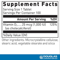 Douglas Laboratories Vitamin D3 tablet label shows 1,000 IU per tablet for easy dosing.