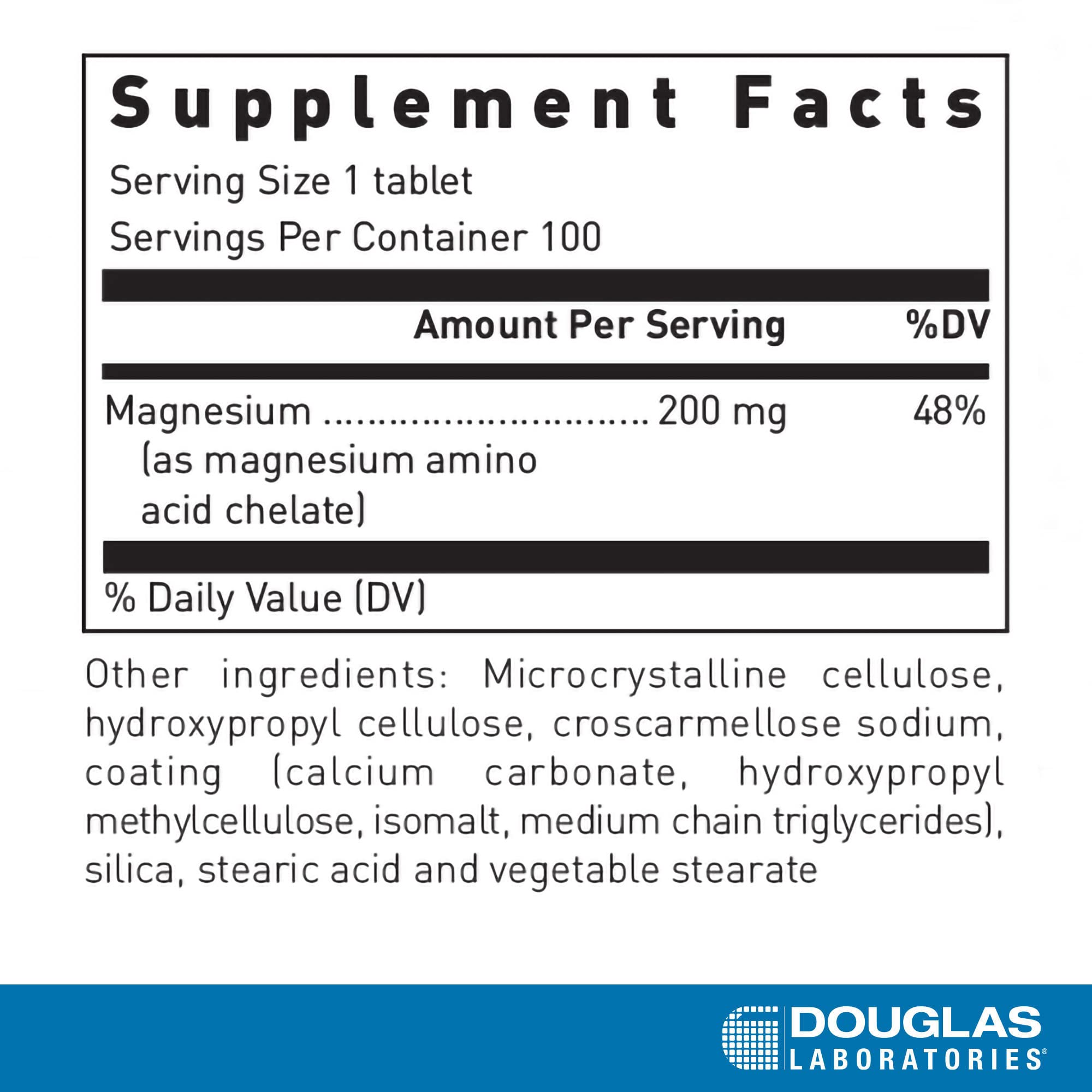Douglas Laboratories Amino-Mag 200 bottle label close-up highlighting amino chelate formula.