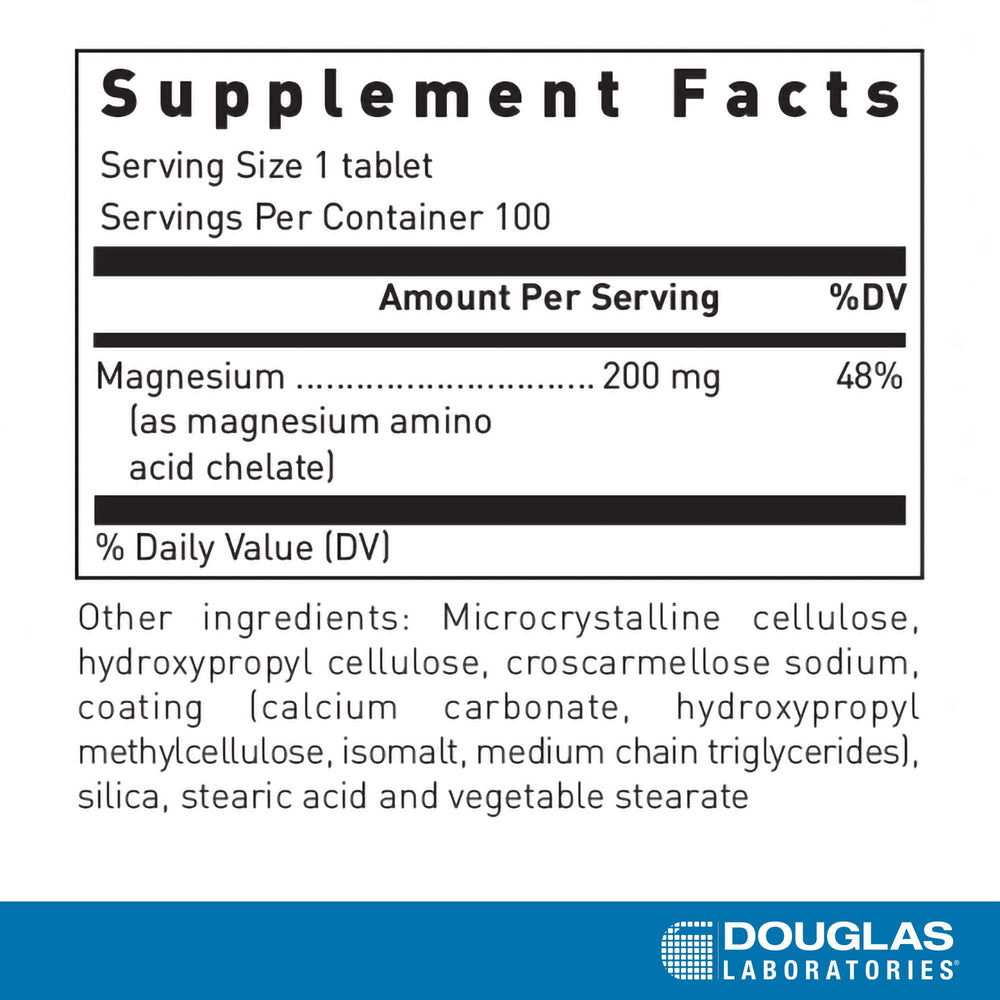 Douglas Laboratories Amino-Mag 200 bottle label close-up highlighting amino chelate formula.
