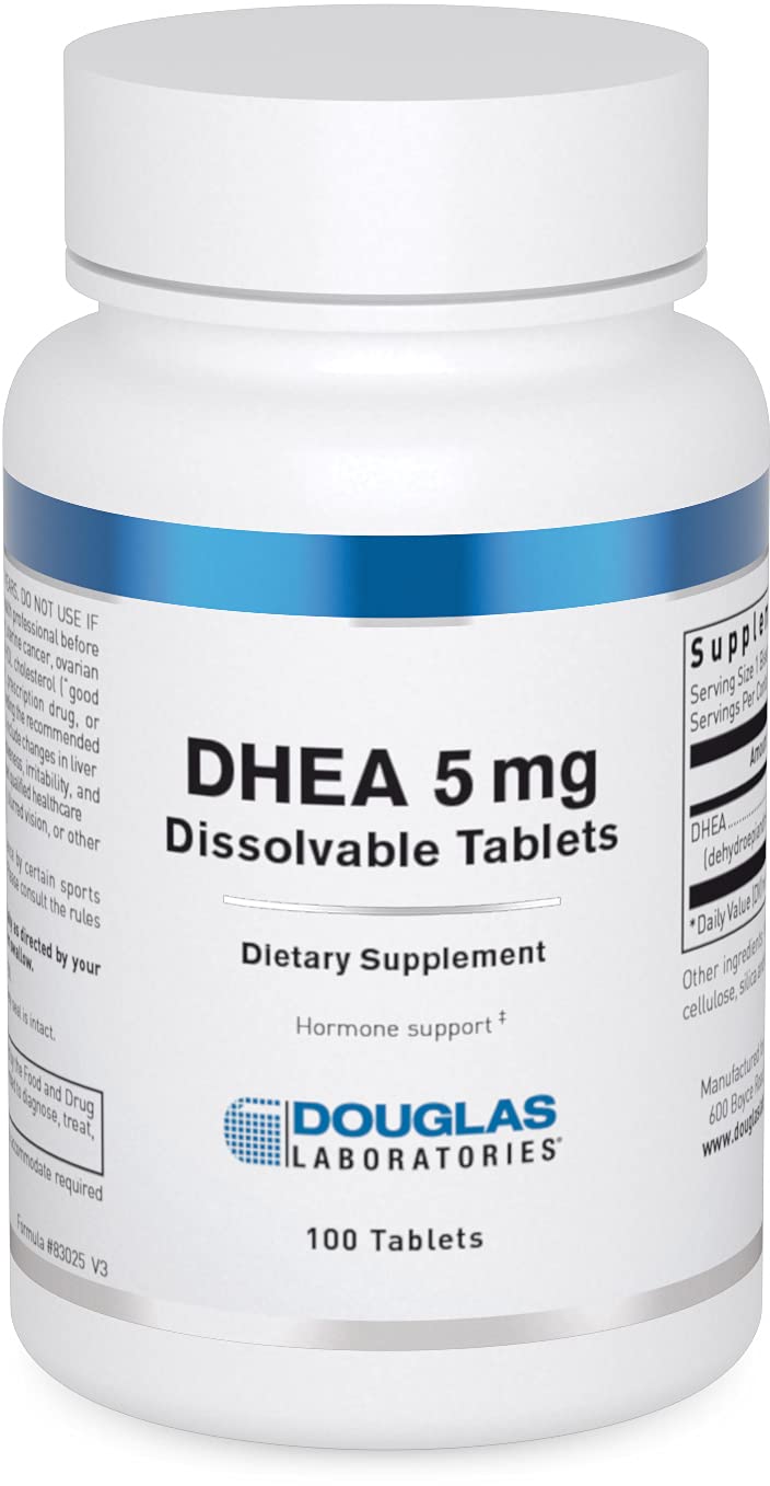 Douglas Laboratories DHEA 5 mg dissolvable tablet on bottle showing product design and benefits