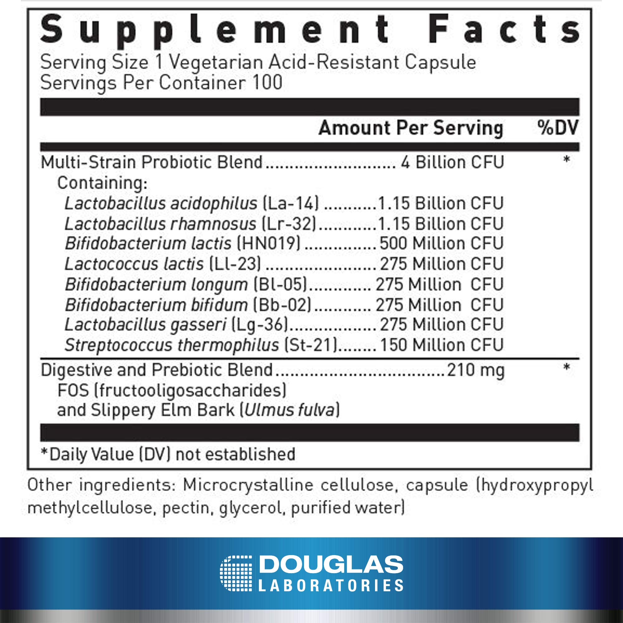 Douglas Laboratories bottle back lists ingredients and CFUs for gut balance.